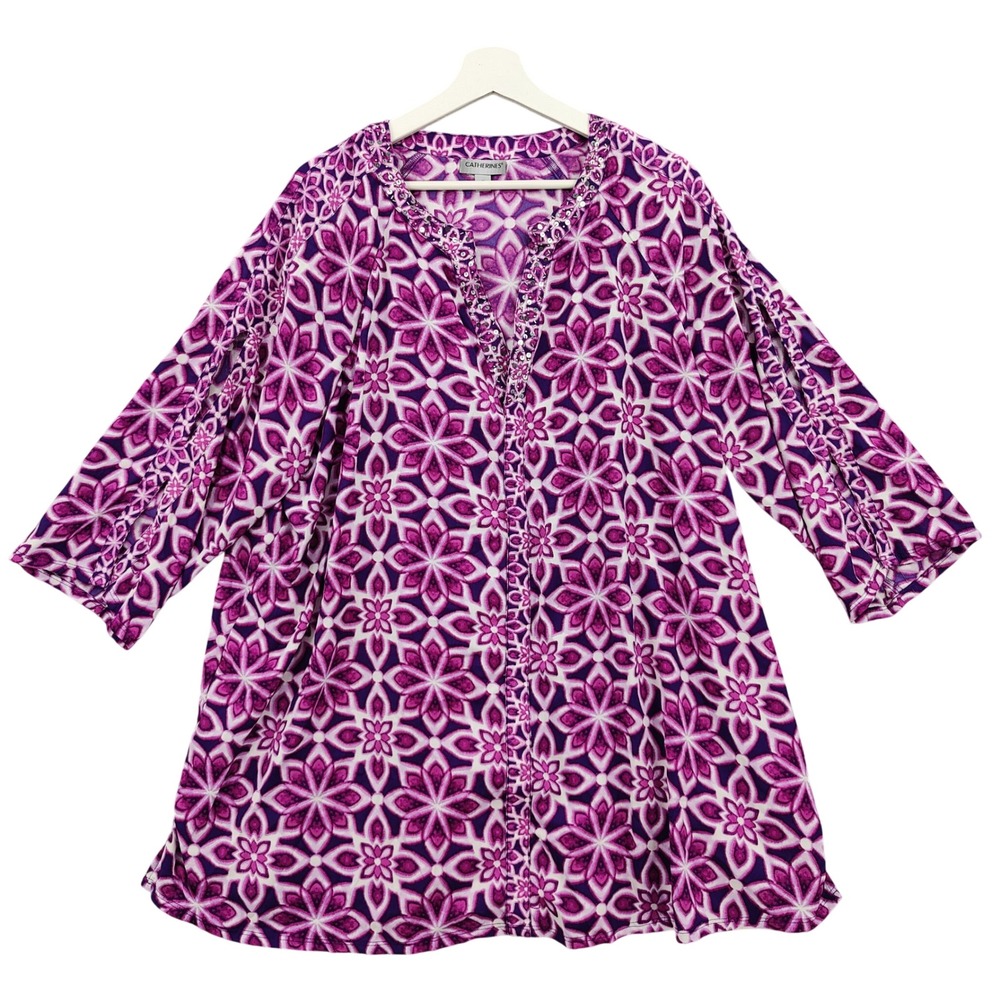Catherines Womens Boho Peasant Tunic 1X Purple Floral Sequin Split Sleeve Top